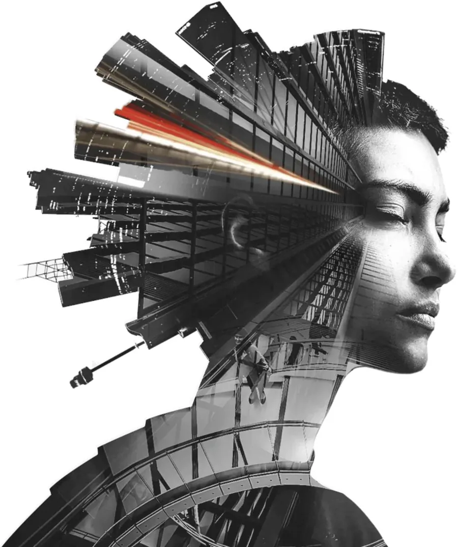 Double exposure of a person and modern architecture - the human side of technology
