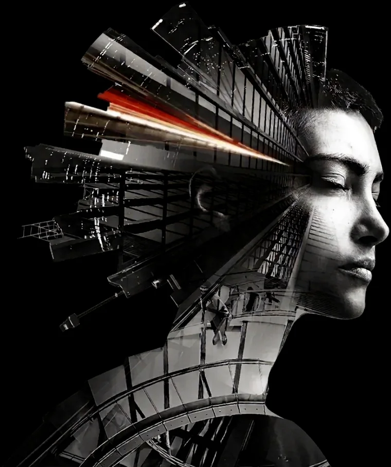 Doppelbelichtung: das Profil eines Menschen, verschmolzen mit Architektur und Datenströmen - Technologie ist immer auch ein Menschenthema.